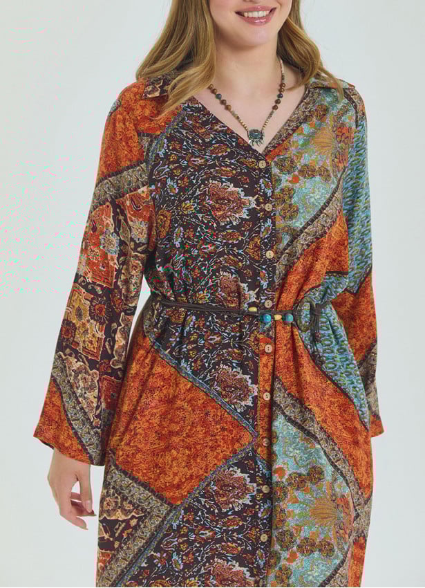 Shirt Collar Belt Detailed Coffee Patterned Casual Plus Size Dress 4614